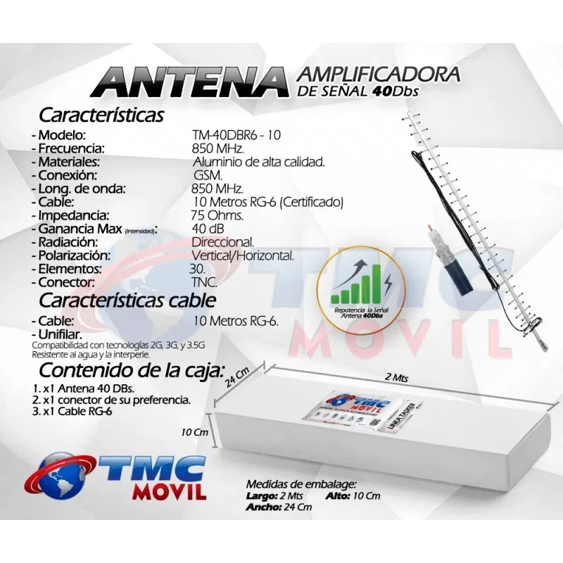 ANTENA YAGI TASKER 40DB + 10M CABLE RG6 PPC BELDEN CONECTOR F